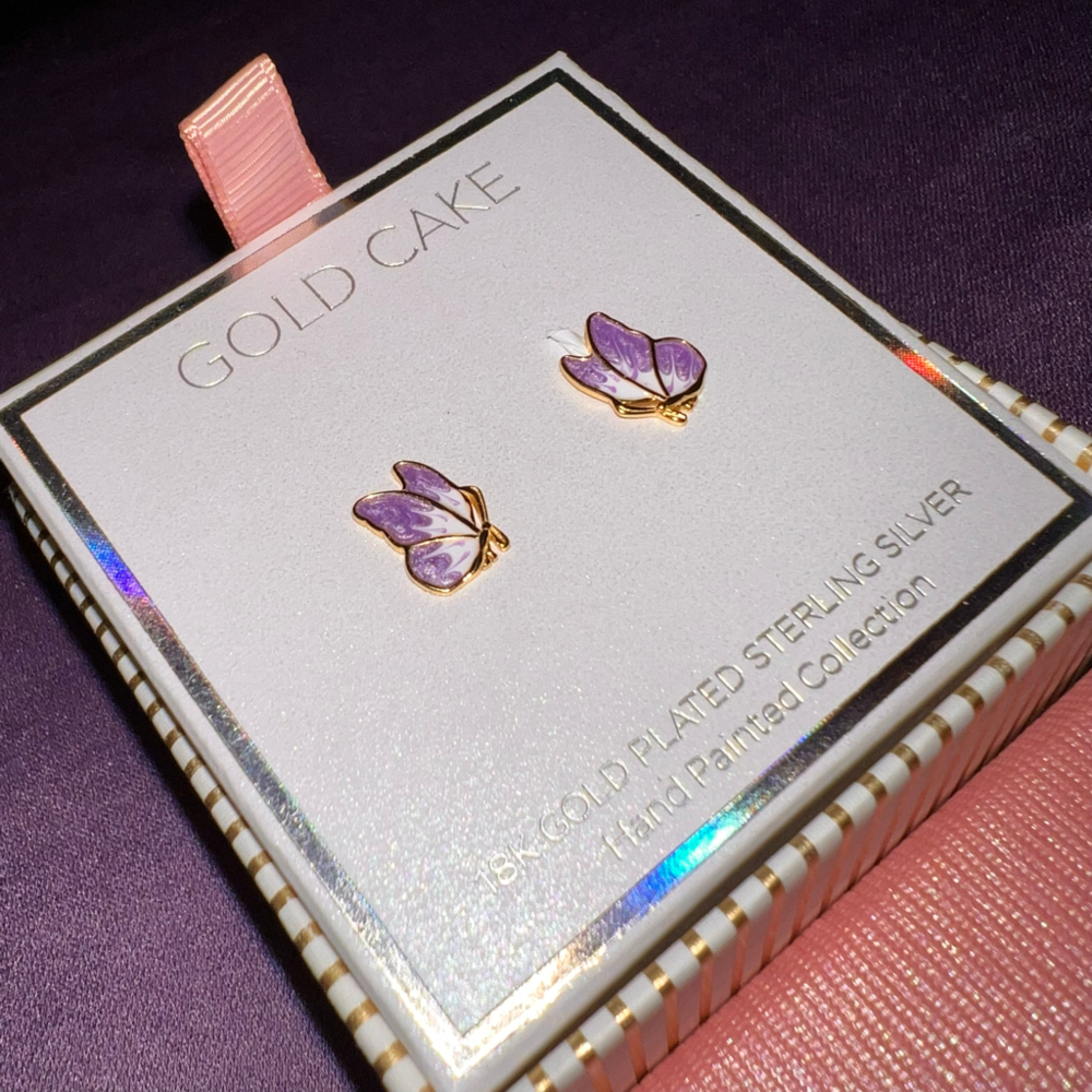 NEW in box GOLD CAKE earrings.Gold toned sterling silver butterfly earrings